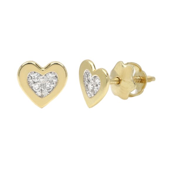 14k Heart Stud Earring Screw Back Mini Size Lab Diamonds - Picture 1 of 6